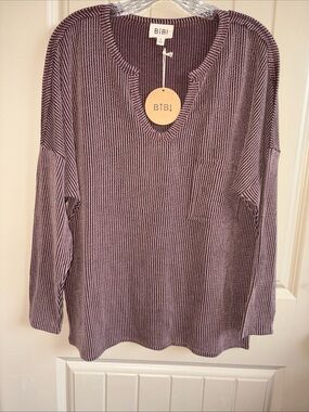 BiBi Brown Ribbed V-Neck Pullover with Chest Pocket